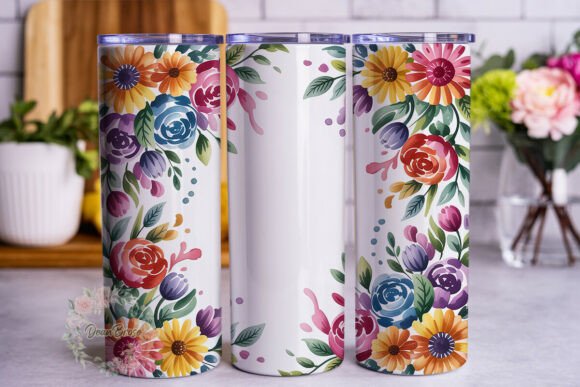 Vibrant Watercolor Flowers Tumbler PNG